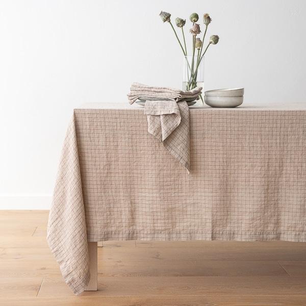 linenme Washed Linen Tablecloth Natural Brick Check