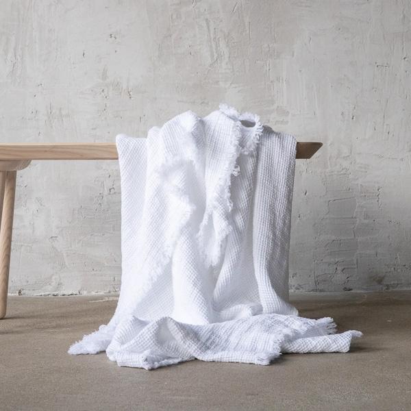 Linenme White Linen Throw With Fringes Washed Waffle