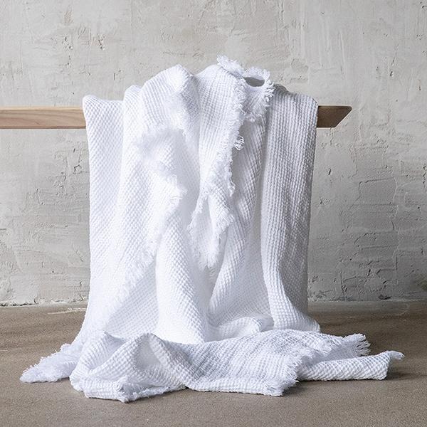 linenme White Linen Throw with Fringes Washed Waffle