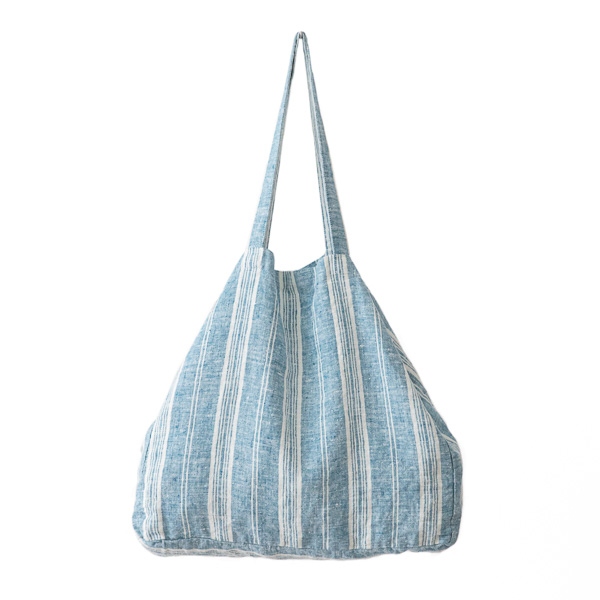 Linenme White Marine Blue Linen Beach Bag Multistripe
