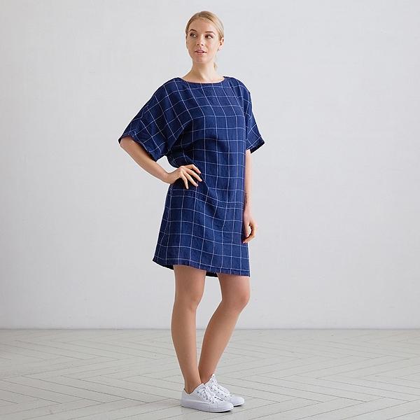 Linenme White Navy Window Pane Linen Tunic Dress Bianca