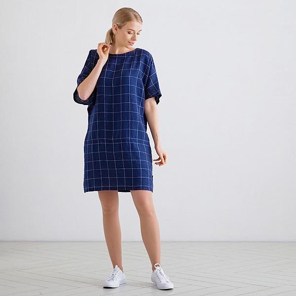 Linenme White Navy Window Pane Linen Tunic Dress Bianca
