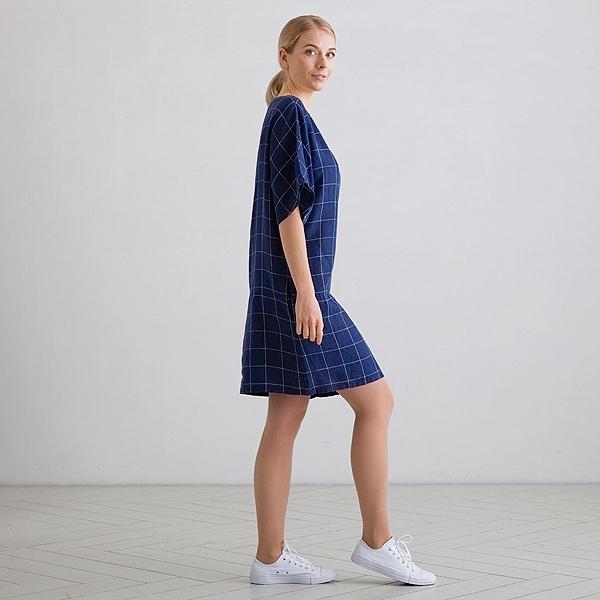 Linenme White Navy Window Pane Linen Tunic Dress Bianca