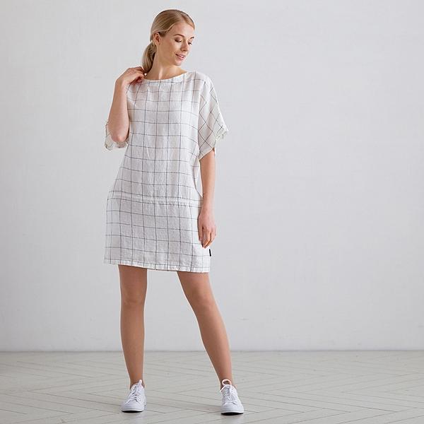 Linenme White Navy Window Pane Linen Tunic Dress Bianca