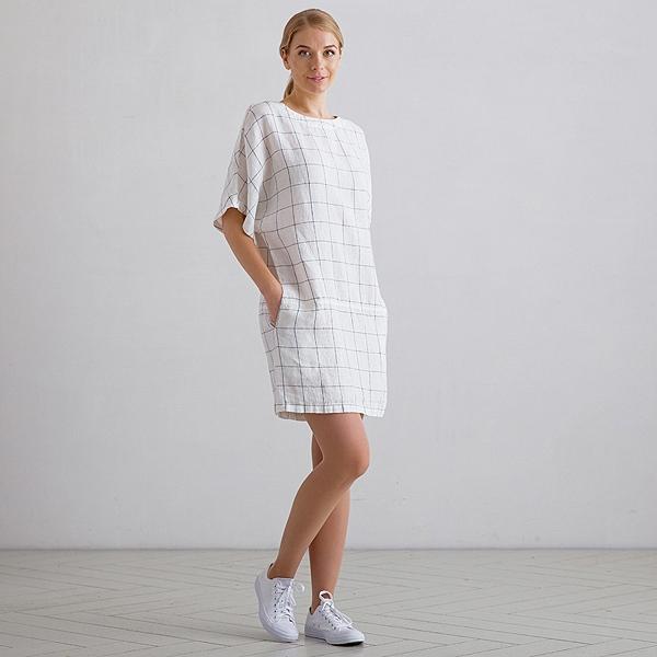 Linenme White Navy Window Pane Linen Tunic Dress Bianca