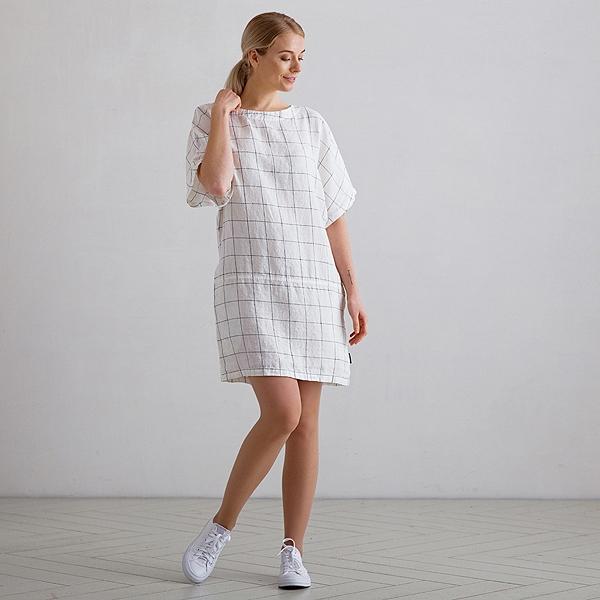 Linenme White Navy Window Pane Linen Tunic Dress Bianca