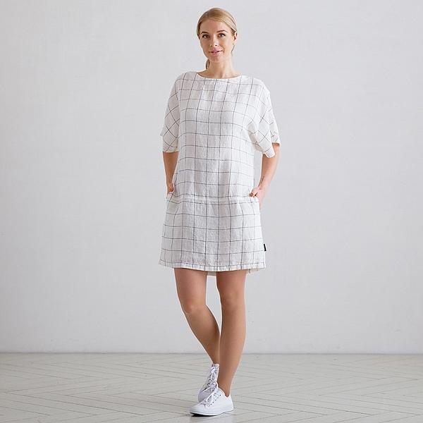 linenme White Navy Window Pane Linen Tunic Dress Bianca