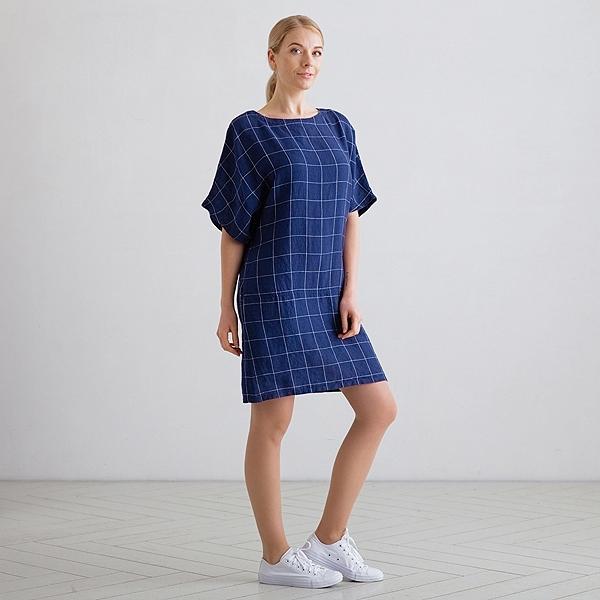 linenme White Navy Window Pane Linen Tunic Dress Bianca