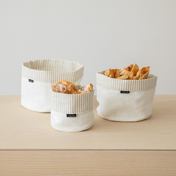 Linenme White Striped Linen Cotton Basket Beige Jazz