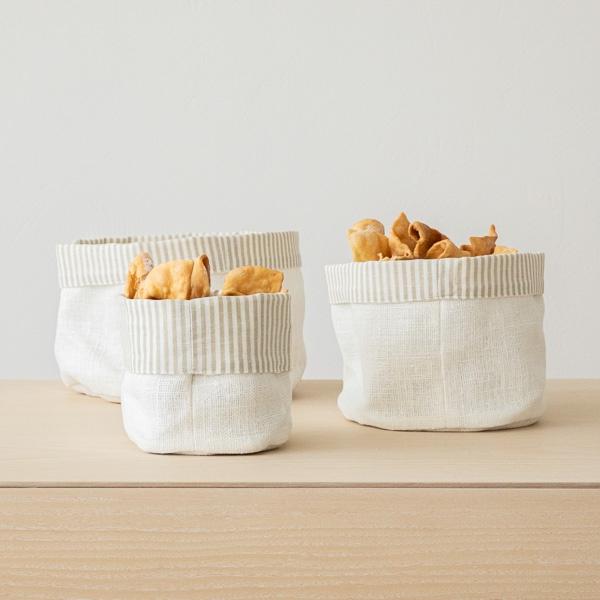 Linenme White Striped Linen Cotton Basket Beige Jazz