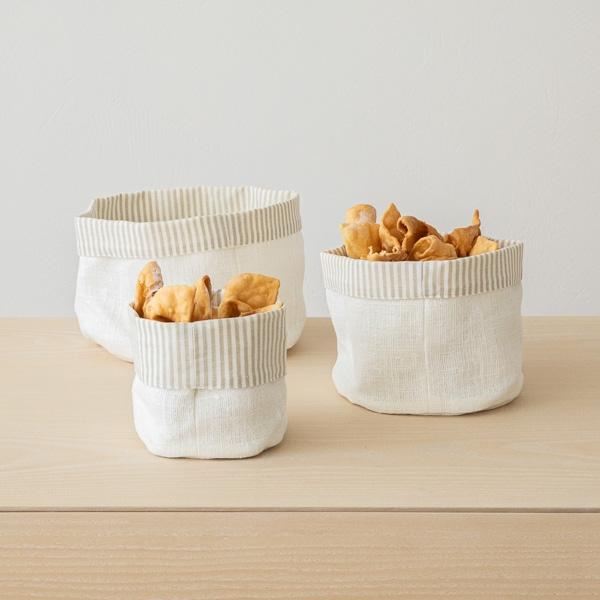 Linenme White Striped Linen Cotton Basket Beige Jazz