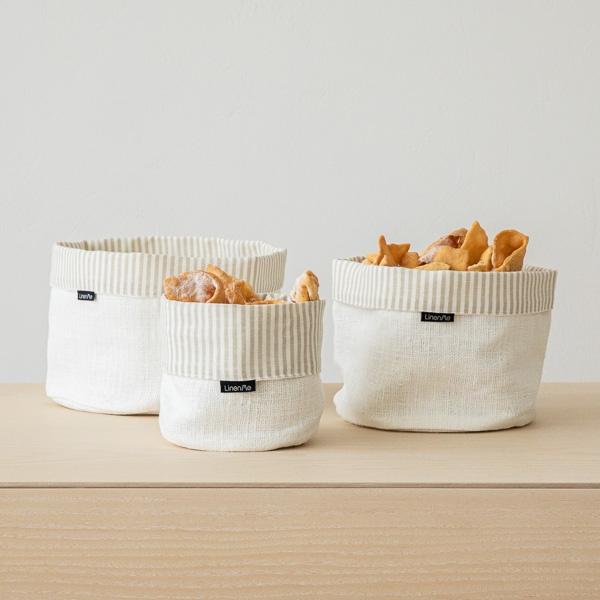 linenme White Striped Linen Cotton Basket Beige Jazz