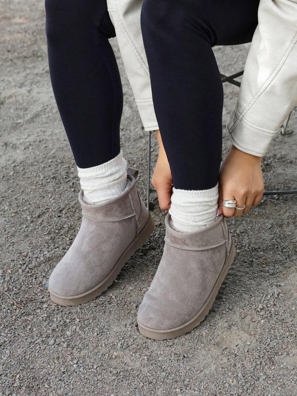 linzi Ash Grey Faux Suede Grey Faux Fur Lined Ultra Mini Ankle Boot