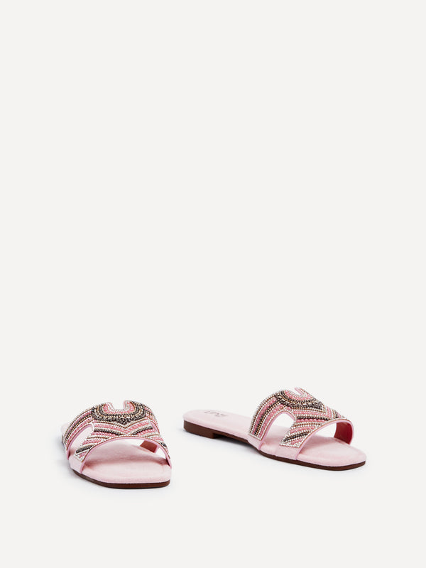 Linzi Baby Pink Suede Aztec Design Embellished Slider Sandal
