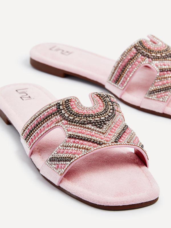Linzi Baby Pink Suede Aztec Design Embellished Slider Sandal