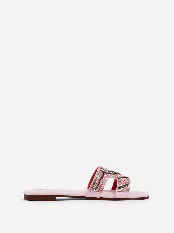 Linzi Baby Pink Suede Aztec Design Embellished Slider Sandal