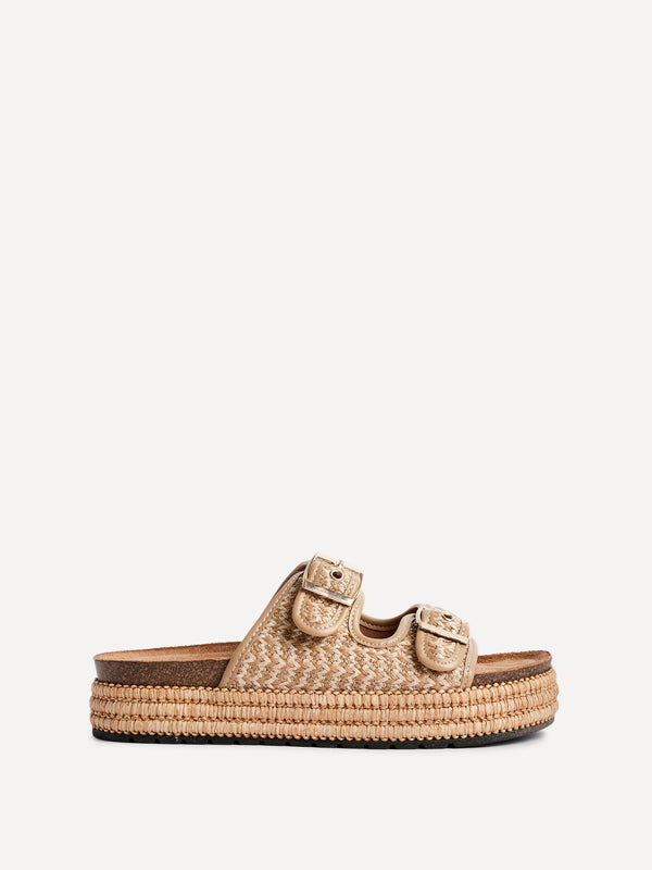 Linzi Beige Aztec Woven Double Buckle Flatform Slider Sandal
