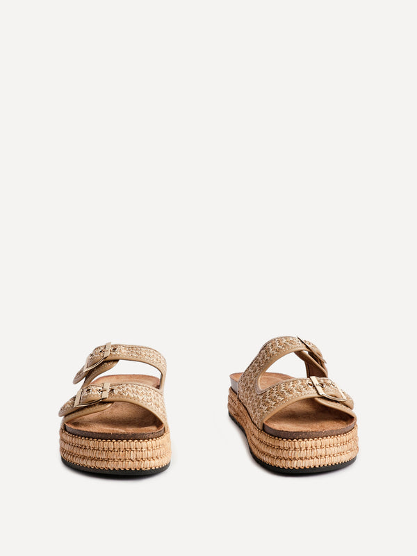 Linzi Beige Aztec Woven Double Buckle Flatform Slider Sandal