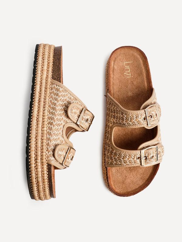 Linzi Beige Aztec Woven Double Buckle Flatform Slider Sandal