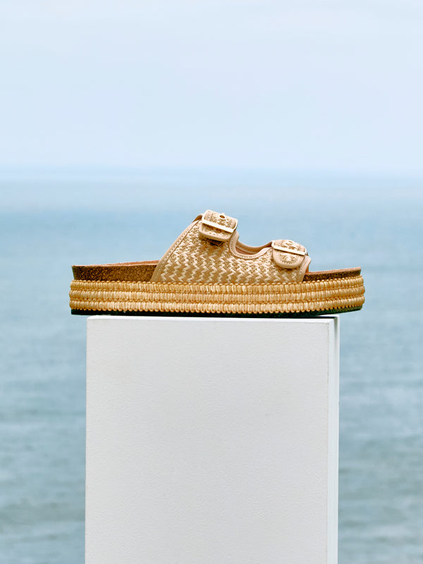 linzi Beige Aztec Woven Double Buckle Flatform Slider Sandal