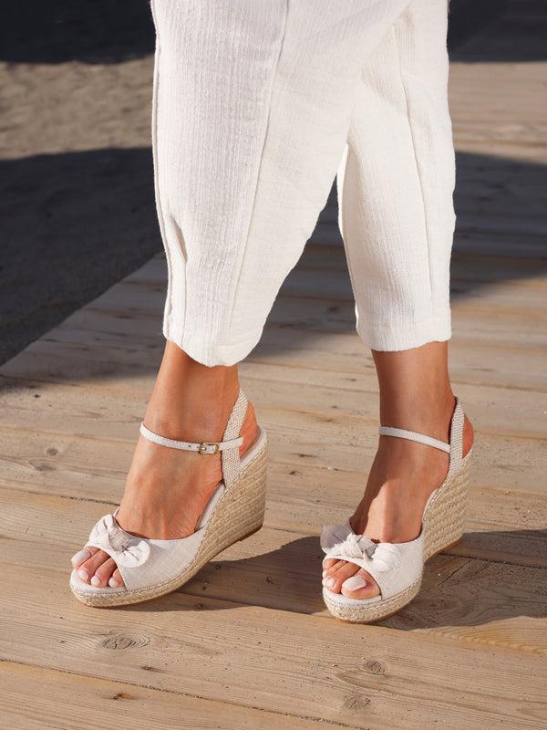 linzi Beige Canvas Espadrille Wedge With Bow Detail