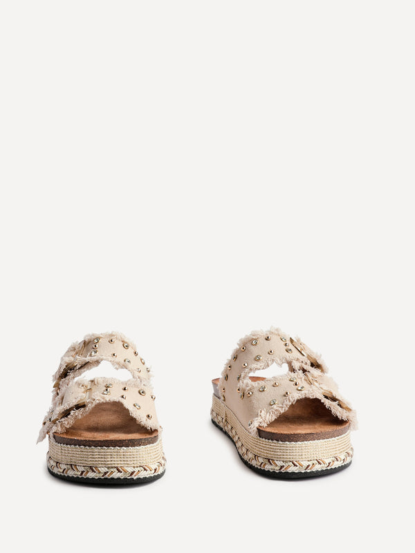 Linzi Beige Diamante Studded Double Buckle Flatform Slider Sandal