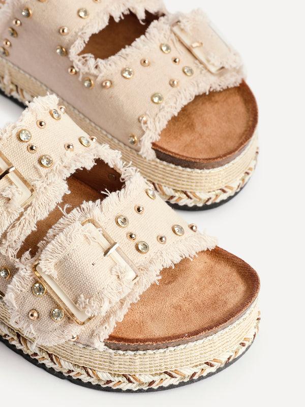 Linzi Beige Diamante Studded Double Buckle Flatform Slider Sandal