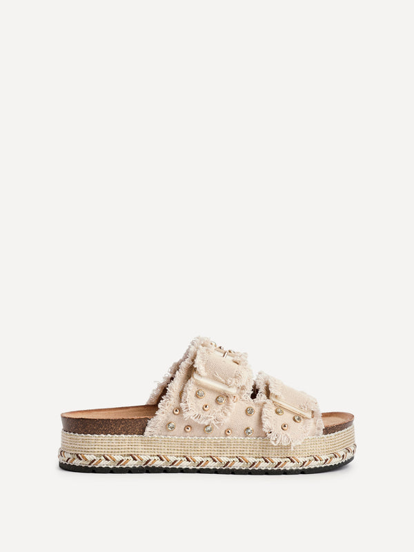 Linzi Beige Diamante Studded Double Buckle Flatform Slider Sandal