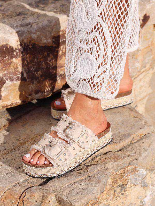 linzi Beige Diamante Studded Double Buckle Flatform Slider Sandal