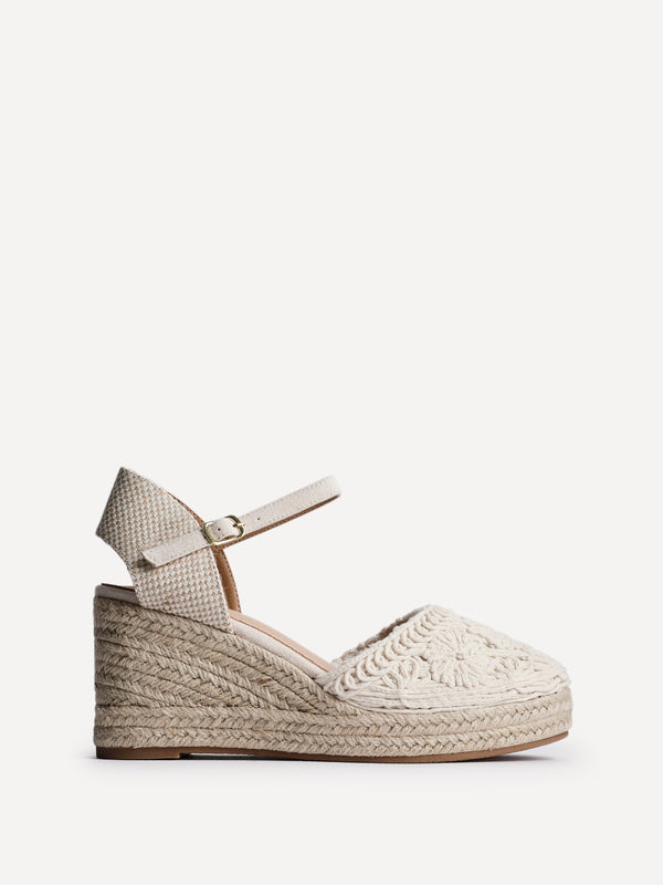 Linzi Beige Embroidered Closed-Toe Espadrille Wedge