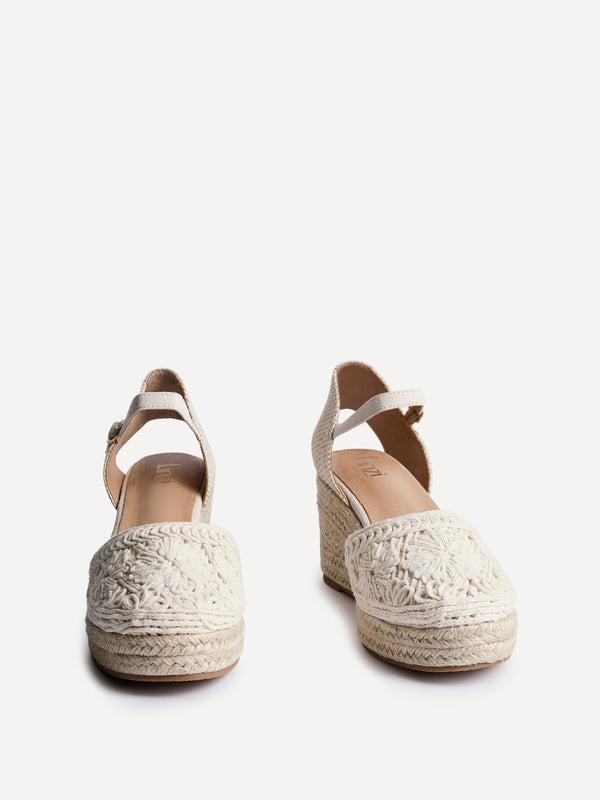 Linzi Beige Embroidered Closed-Toe Espadrille Wedge