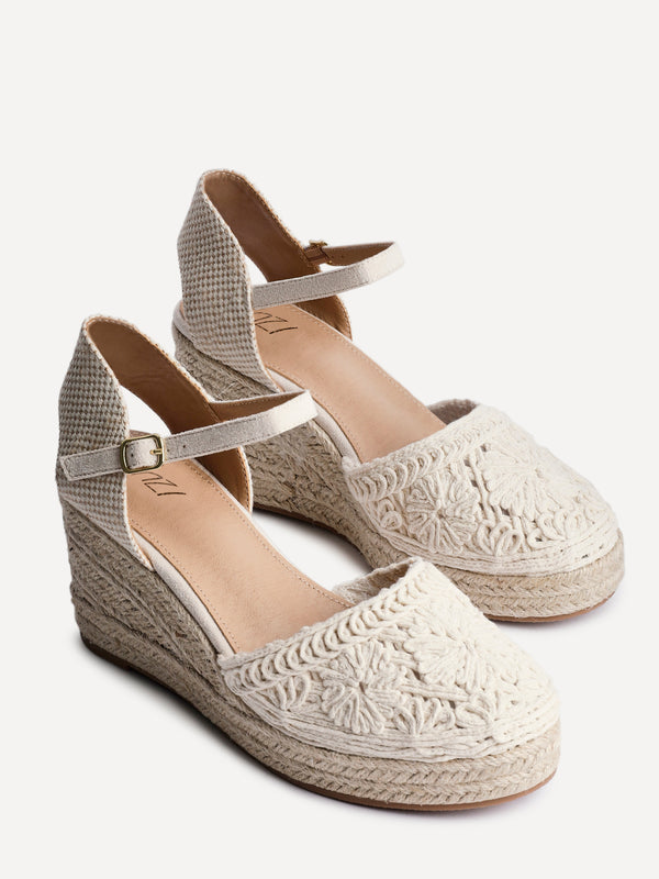 Linzi Beige Embroidered Closed-Toe Espadrille Wedge