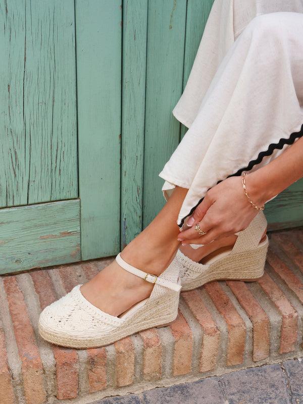 linzi Beige Embroidered Closed-Toe Espadrille Wedge