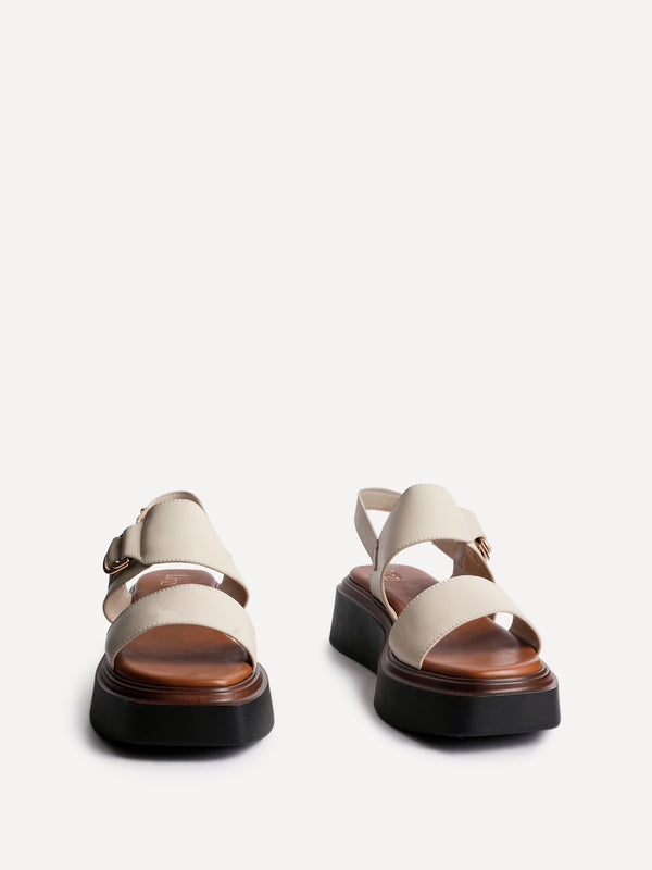 Linzi Beige Faux Leather Double Strap Flatform Sandal With Buckle Detail