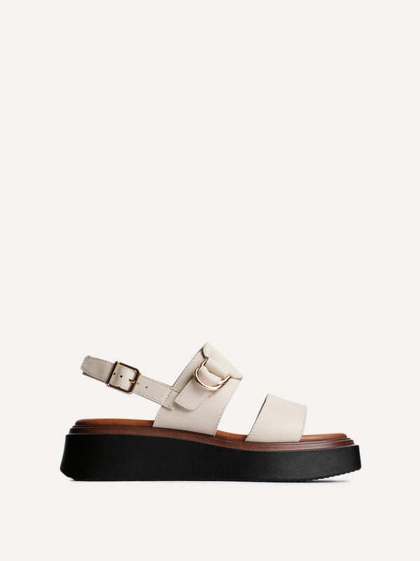 Linzi Beige Faux Leather Double Strap Flatform Sandal With Buckle Detail