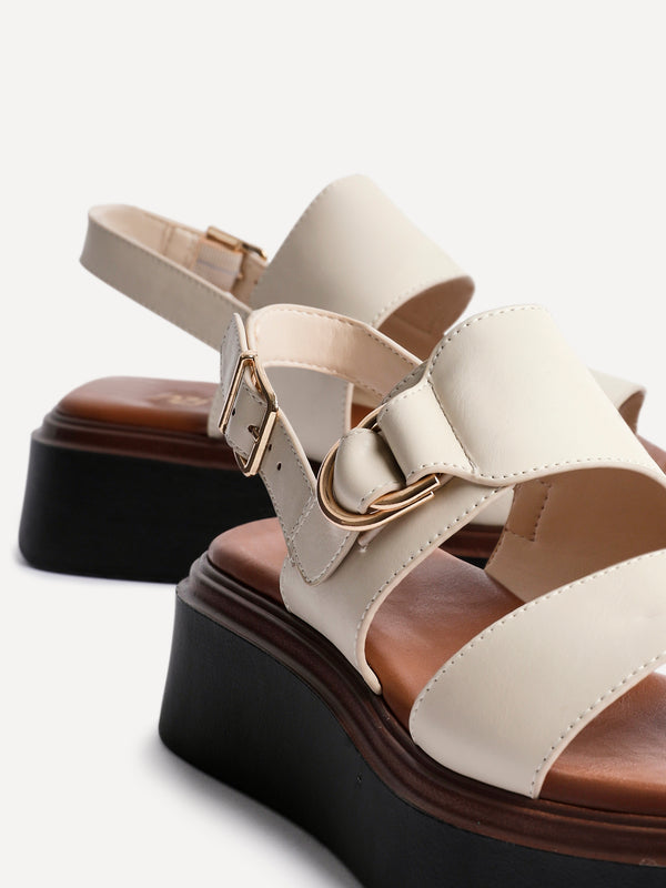Linzi Beige Faux Leather Double Strap Flatform Sandal With Buckle Detail