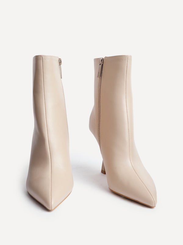 Linzi Beige Faux Leather Heeled Boot With Pointed Toe