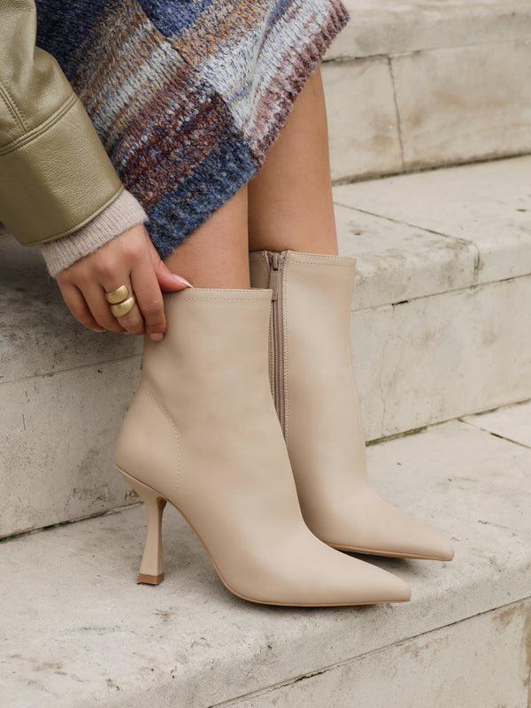 linzi Beige Faux Leather Heeled Boot With Pointed Toe
