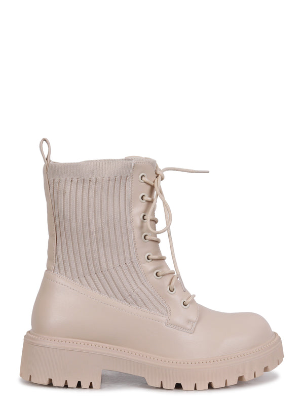 Linzi Beige Faux Leather & Knit Chunky Military Boots