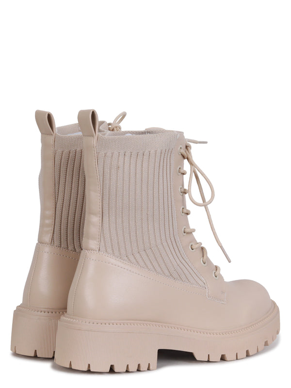 Linzi Beige Faux Leather & Knit Chunky Military Boots