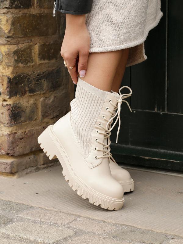 linzi Beige Faux Leather & Knit Chunky Military Boots