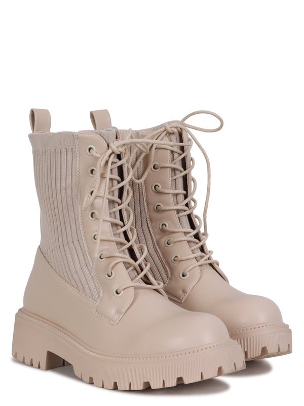 Linzi Beige Faux Leather & Knit Chunky Military Boots