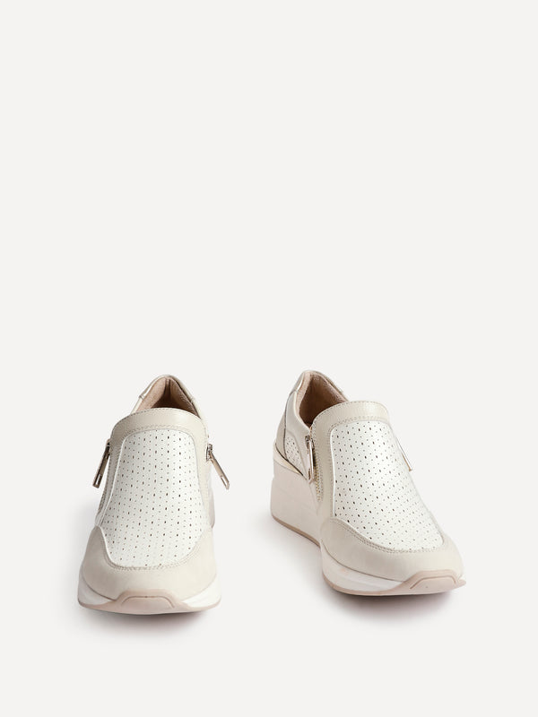 Linzi Beige Faux Leather Platform Trainer With Laser Cut Detail