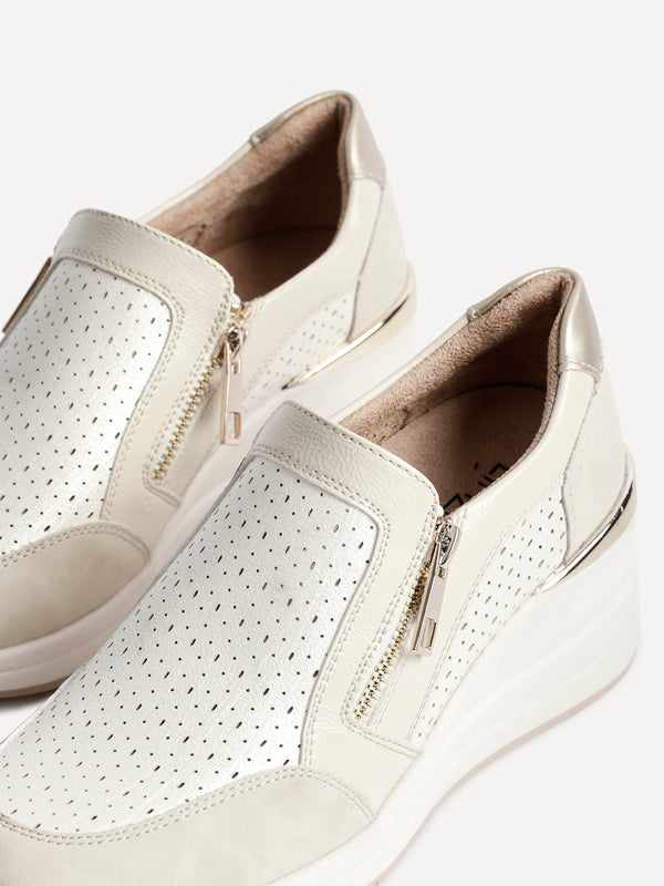 Linzi Beige Faux Leather Platform Trainer With Laser Cut Detail