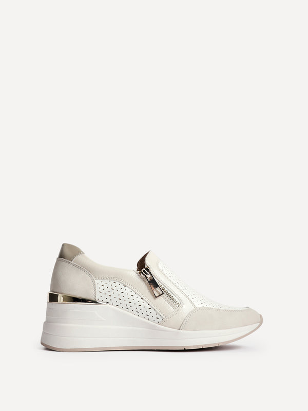 Linzi Beige Faux Leather Platform Trainer With Laser Cut Detail