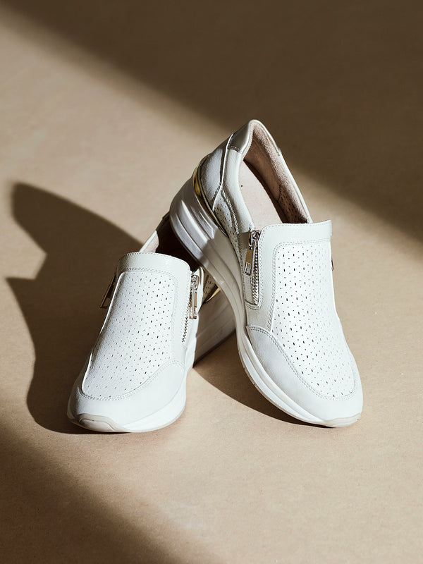 linzi Beige Faux Leather Platform Trainer With Laser Cut Detail