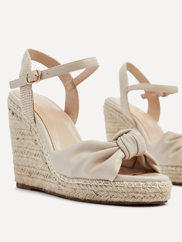 Linzi Beige Faux Leather Rope Wedge With Knotted Front Strap