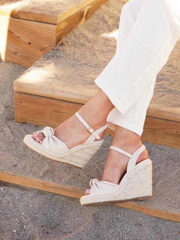 linzi Beige Faux Leather Rope Wedge With Knotted Front Strap