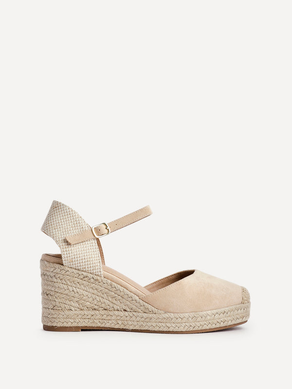 Linzi Beige Faux Suede Closed-Toe And Open Back Espadrille Wedge