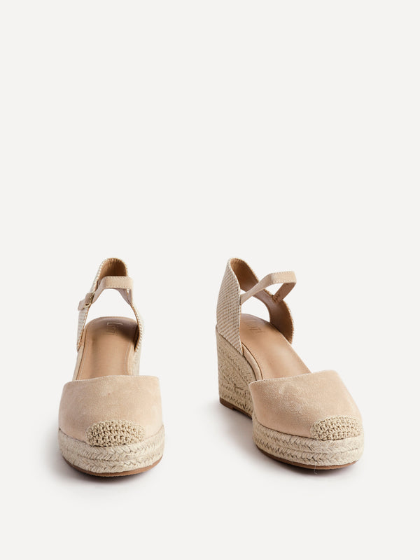 Linzi Beige Faux Suede Closed-Toe And Open Back Espadrille Wedge